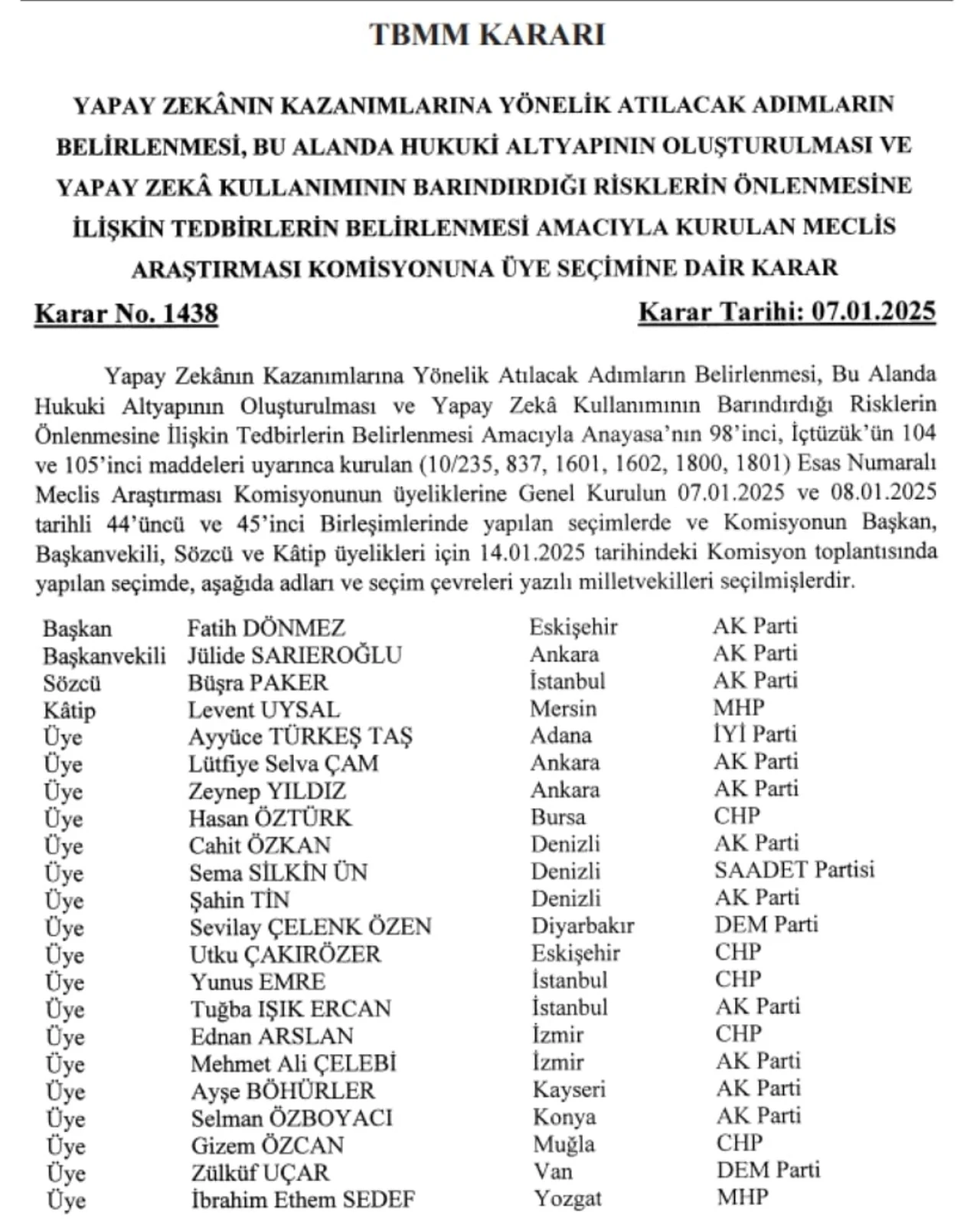 Eskişehir Milletvekili Fatih Dönmez, Yapay Zekâ Araştırma Komisyonu Başkanlığına Seçildi