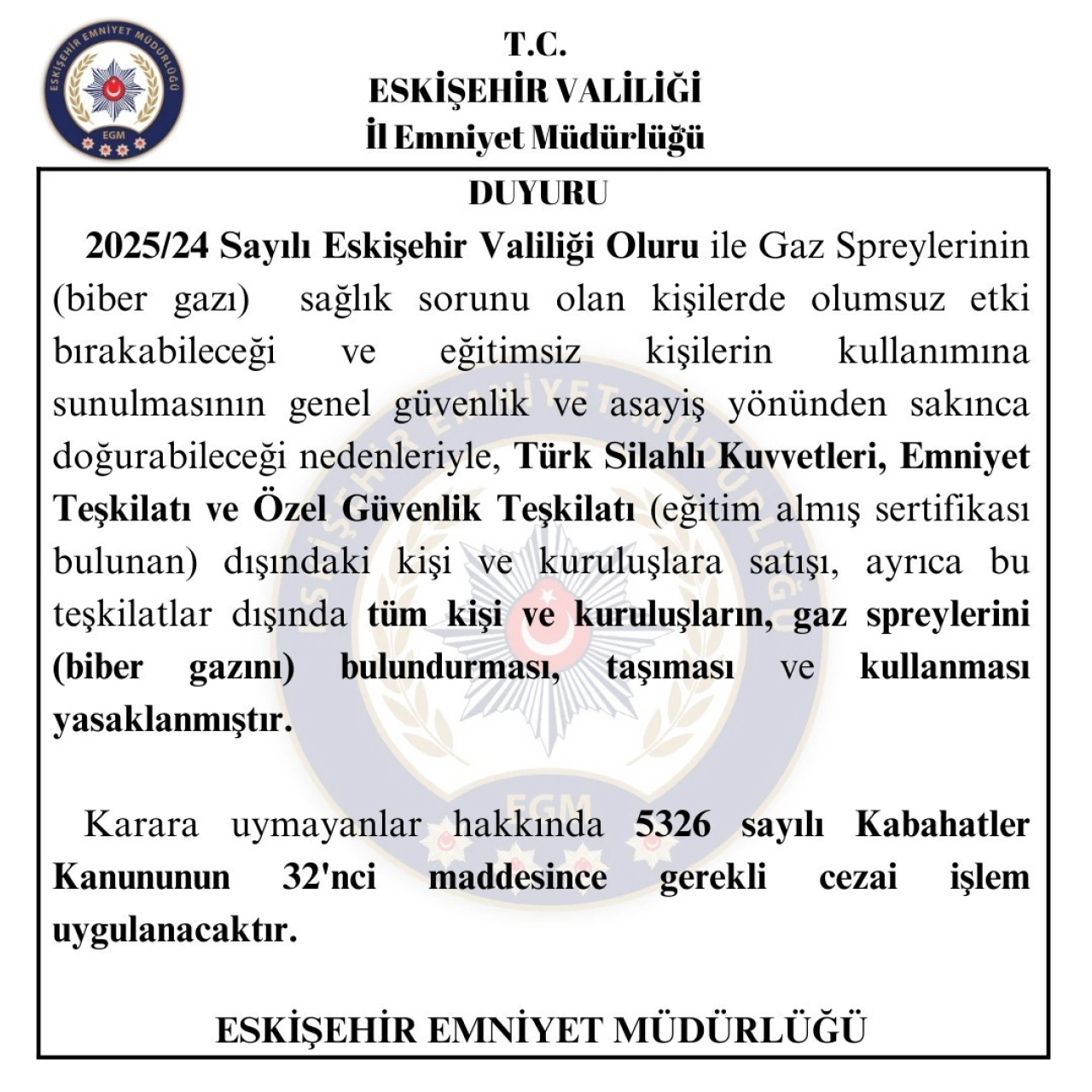 Sertifikası Olmayan Kişilerin Biber Gazı Kullanması Yasaklandı