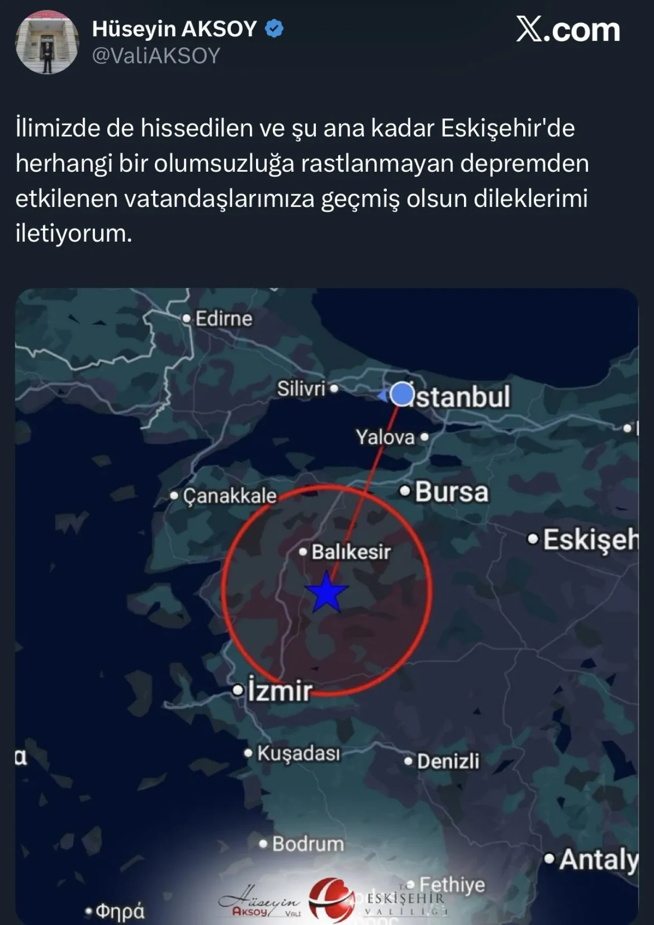 Vali Aksoy’dan deprem sonrası geçmiş olsun mesajı