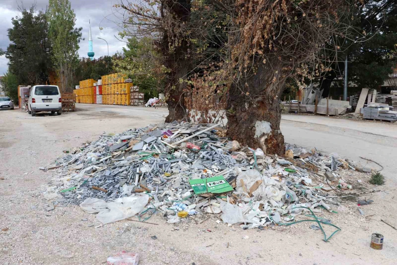 Baksan Sanayi Sitesi’nde rahatsız edici görüntü: ağacın dibi çöple doldu