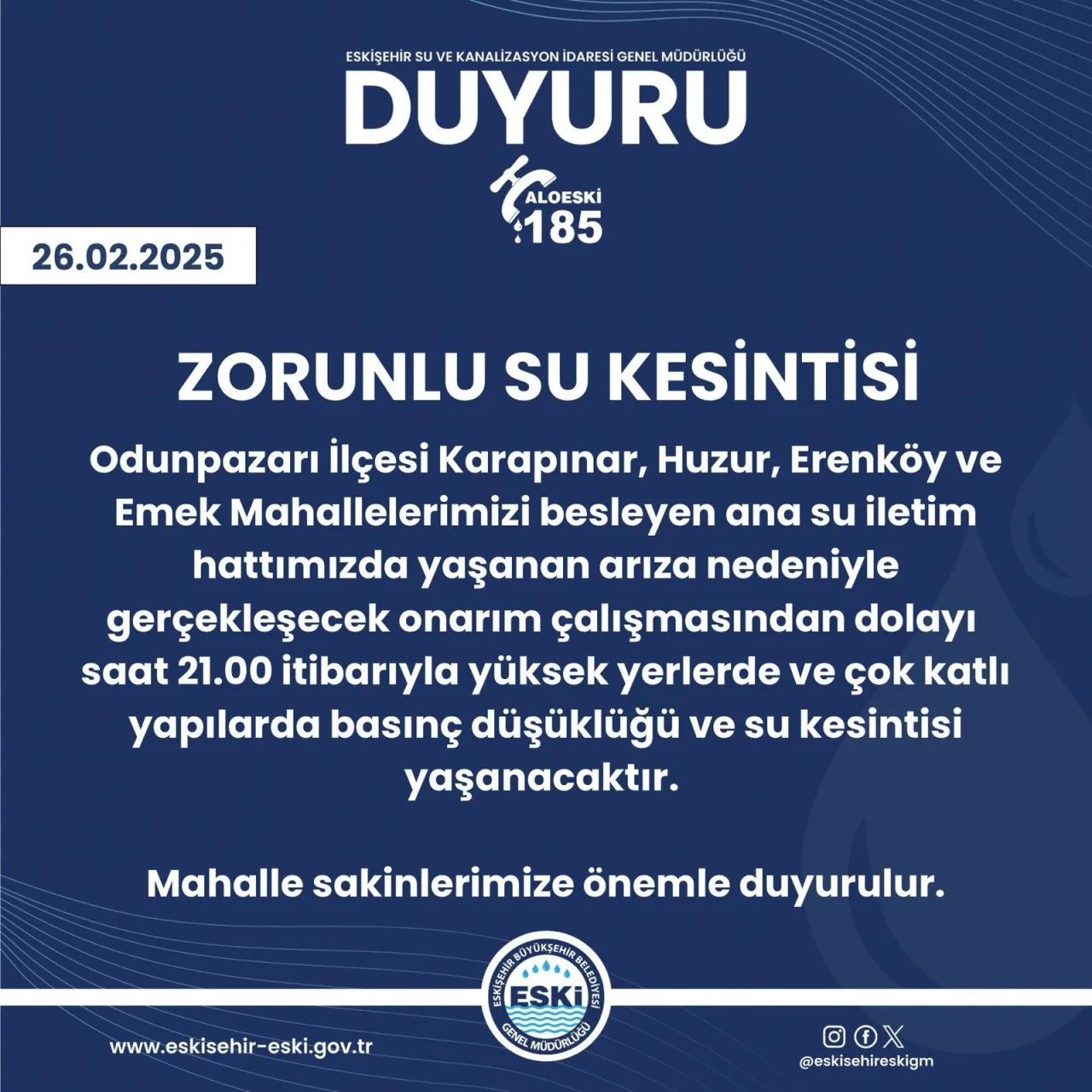 Eskişehir'de Zorunlu Su Kesintisi Yaşanacak