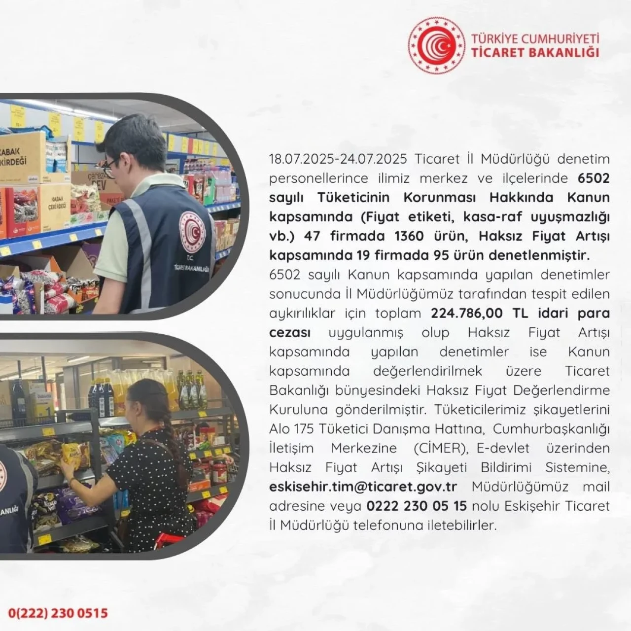 Eskişehir’de Temmuz Ayı Ticaret Denetimlerinde 224 Bin TL Ceza Kesildi