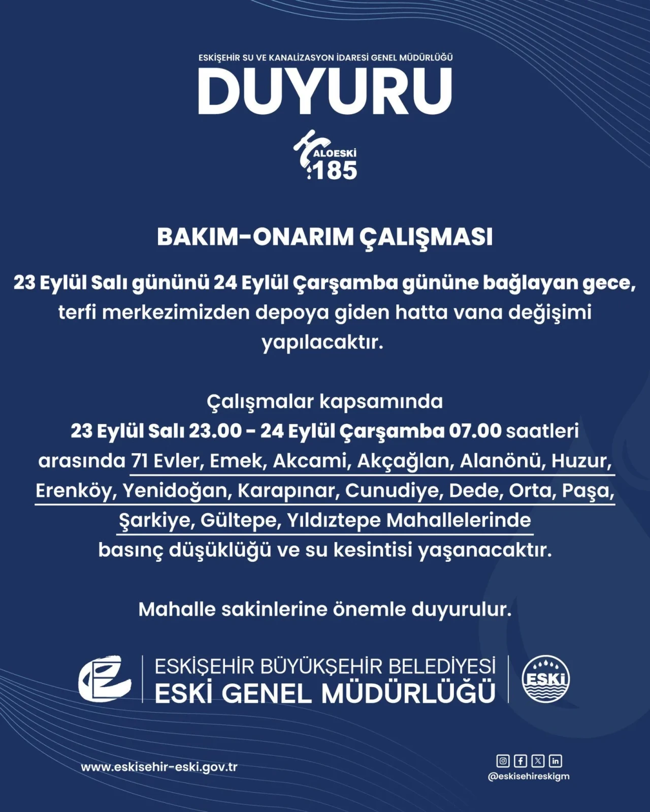 Dikkat Susuz Kalmayın Eskişehir'in O Mahallelerinde Sular Kesilecek
