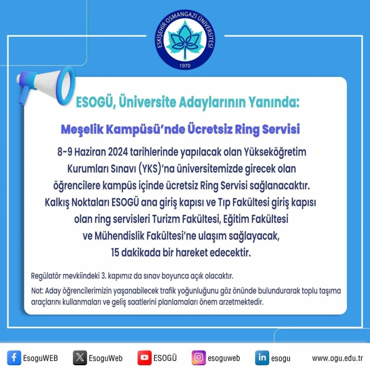 ESOGÜ’den YKS’ye Girecek Öğrenciler İçin Ring Servisi