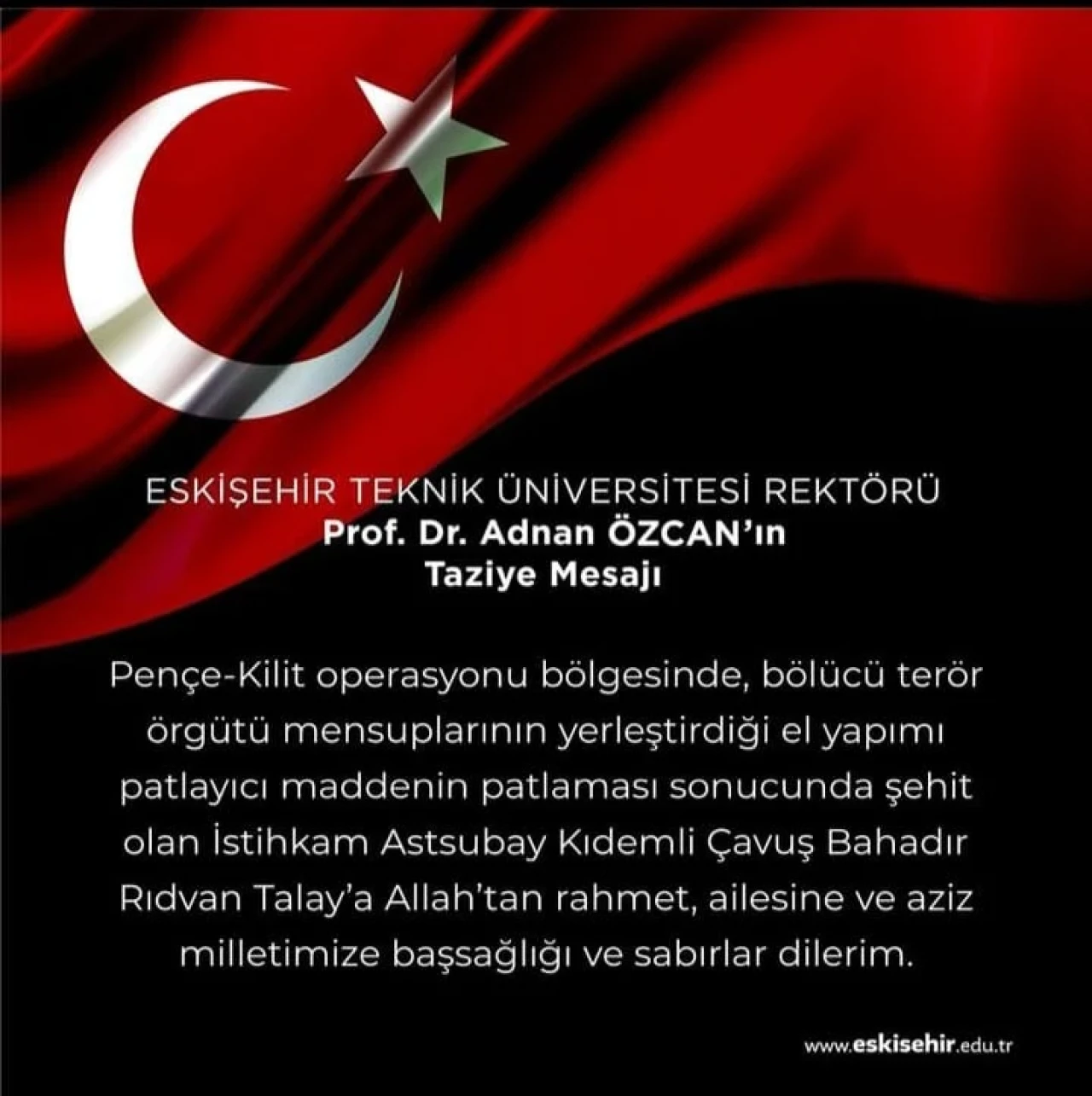 Rektör Prof. Dr. Adnan Özcan’dan Taziye Mesajı