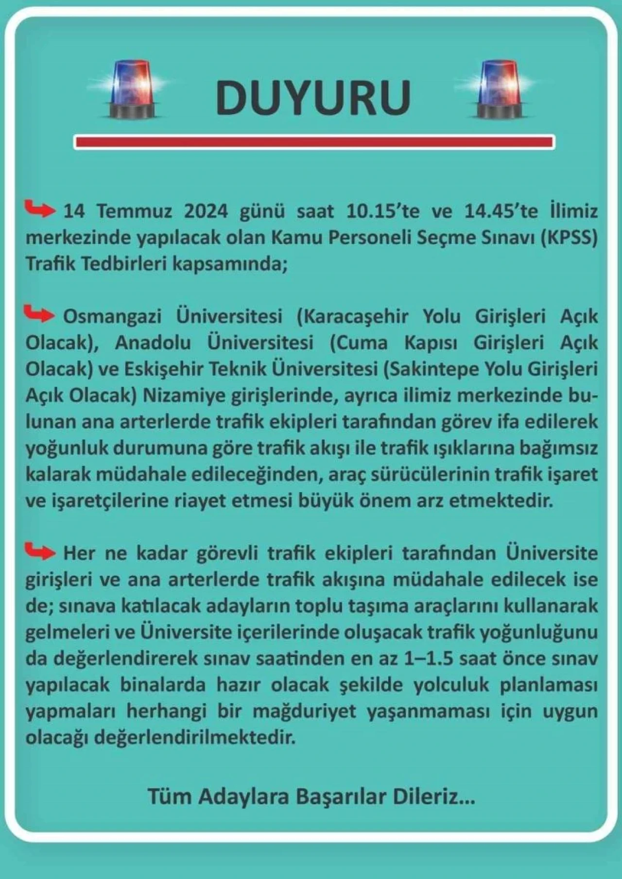 İl Emniyet Müdürlüğü'nden KPSS Kapsamında Trafik Tedbirleri Duyurusu