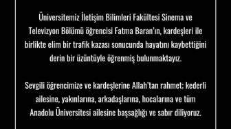 Anadolu Üniversitesi Rektörü Adıgüzel’den hayatını kaybeden öğrenci için taziye mesajı