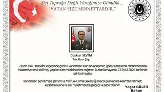 Zeytin Dalı Harekat Bölgesi'nde görev yapan Tankçı Uzman Çavuş Coşkun Sevim şehit düştü