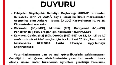 Eskişehir’den geçen Ankara-Bursa karayolundaki hız limiti düşürüldü