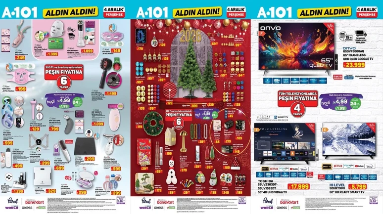 A101 4 Aralık 2025 Aktüel Kataloğu Fırtına Gibi Esti: 50 İnç 4K Dev Ekran TV Sadece 14.999 TL, Akıllı Robot Süpürge 7.499 TL ile Kapış Kapış Gidecek!