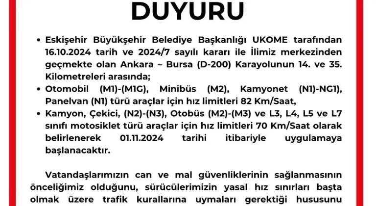 Eskişehir’den geçen Ankara-Bursa karayolundaki hız limiti düşürüldü